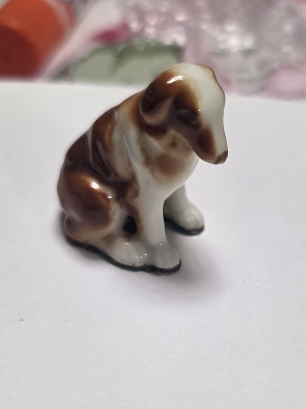 Ceramic Brown and White Sitting Dog Figurine - Decorative Small Pet Ornament